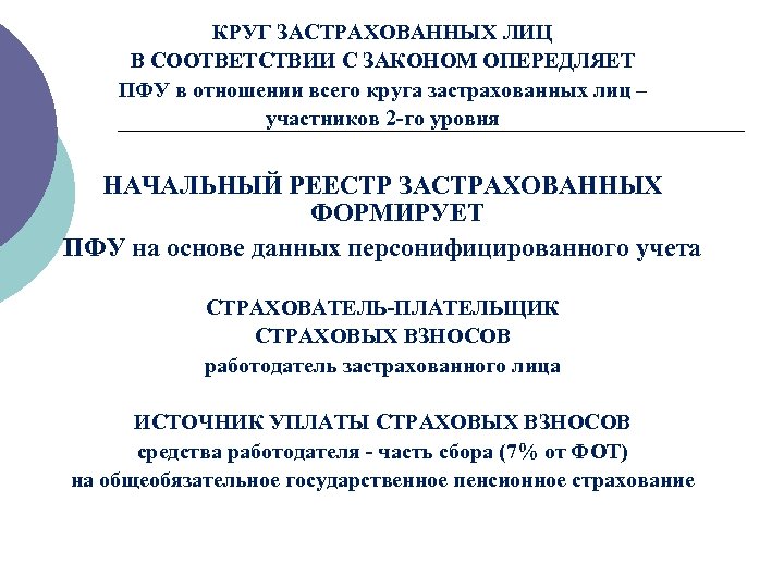 КРУГ ЗАСТРАХОВАННЫХ ЛИЦ В СООТВЕТСТВИИ С ЗАКОНОМ ОПЕРЕДЛЯЕТ ПФУ в отношении всего круга застрахованных