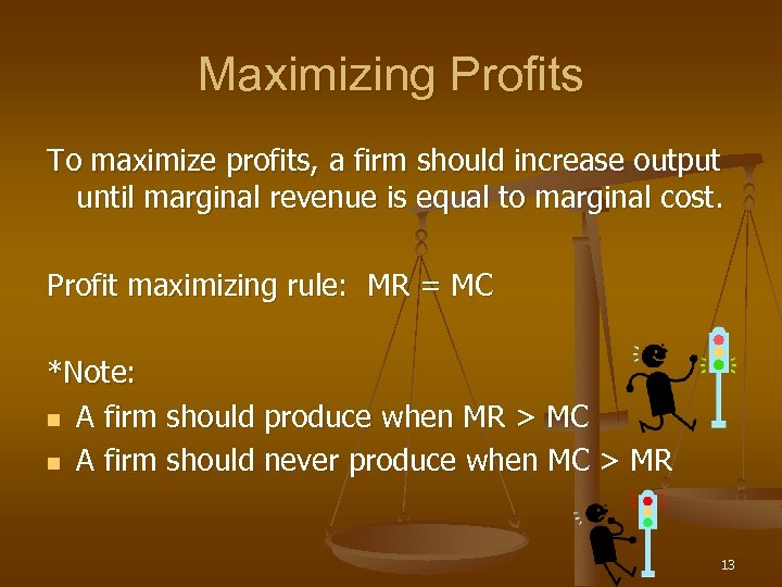 Maximizing Profits To maximize profits, a firm should increase output until marginal revenue is