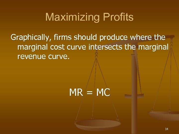 Maximizing Profits Graphically, firms should produce where the marginal cost curve intersects the marginal