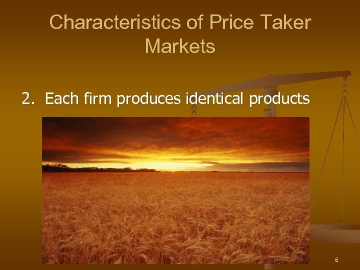 Characteristics of Price Taker Markets 2. Each firm produces identical products 6 