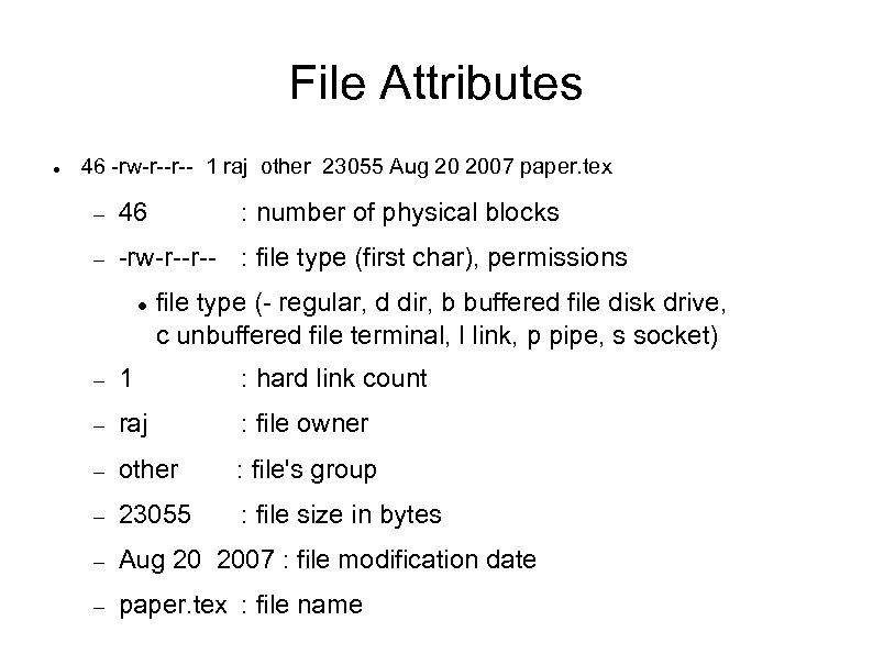 File Attributes 46 -rw-r--r-- 1 raj other 23055 Aug 20 2007 paper. tex 46