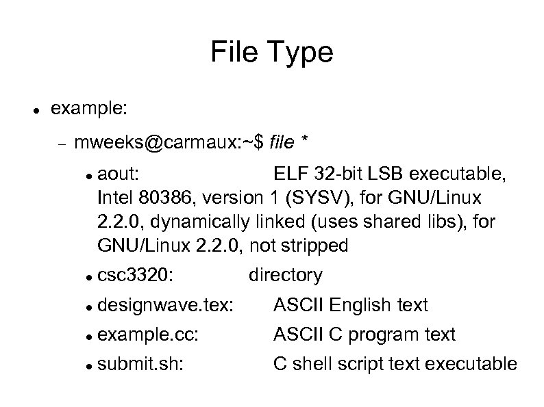 File Type example: mweeks@carmaux: ~$ file * aout: ELF 32 -bit LSB executable, Intel