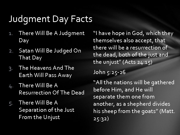 Judgment Day Facts 1. There Will Be A Judgment Day 2. Satan Will Be