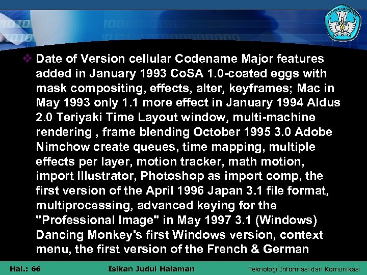 v Date of Version cellular Codename Major features added in January 1993 Co. SA