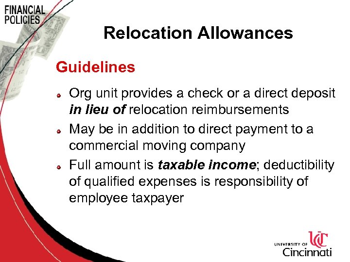 Relocation Allowances Guidelines Org unit provides a check or a direct deposit in lieu
