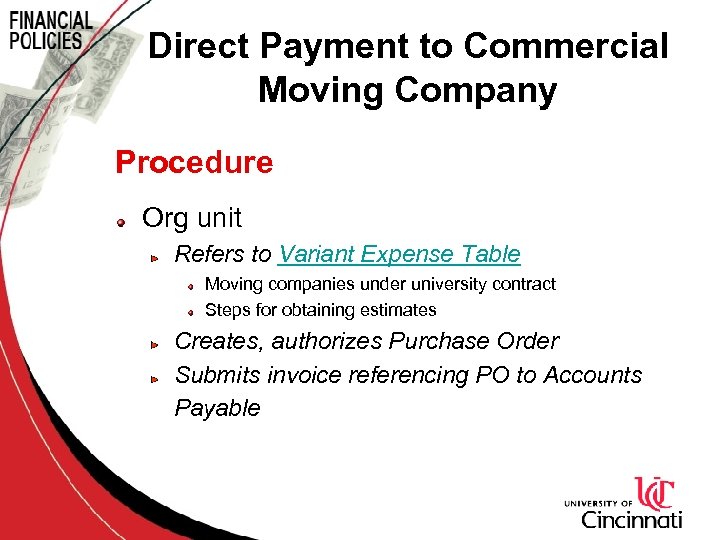 Direct Payment to Commercial Moving Company Procedure Org unit Refers to Variant Expense Table