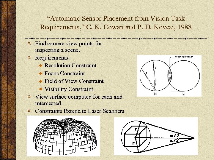 “Automatic Sensor Placement from Vision Task Requirements, ” C. K. Cowan and P. D.