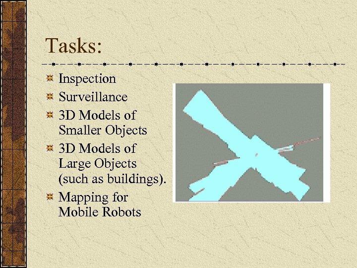 Tasks: Inspection Surveillance 3 D Models of Smaller Objects 3 D Models of Large