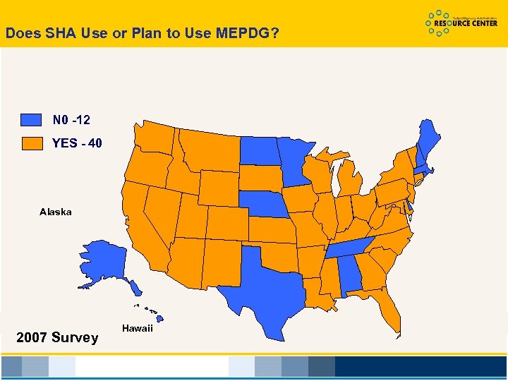 Does SHA Use or Plan to Use MEPDG? N 0 -12 YES - 40