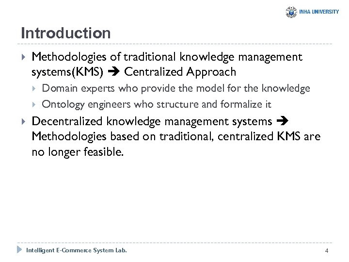 Introduction Methodologies of traditional knowledge management systems(KMS) Centralized Approach Domain experts who provide the