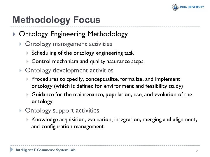 Methodology Focus Ontology Engineering Methodology Ontology management activities Ontology development activities Scheduling of the