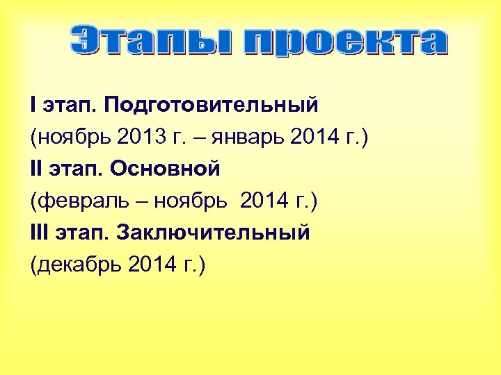 I этап. Подготовительный (ноябрь 2013 г. – январь 2014 г. ) II этап. Основной