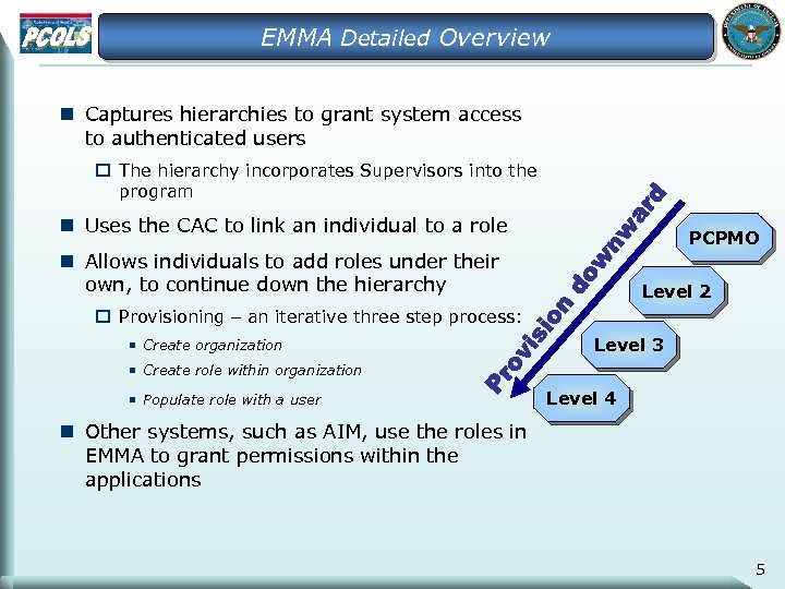 EMMA Detailed Overview n Captures hierarchies to grant system access to authenticated users o