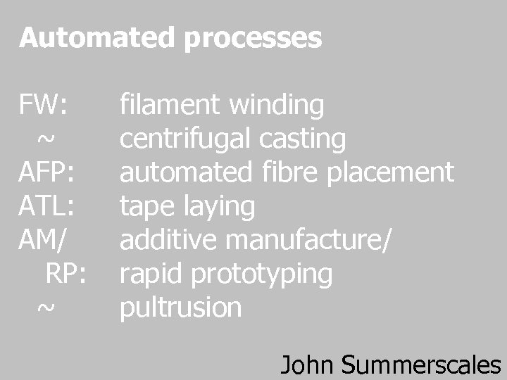 Automated processes FW: ~ AFP: ATL: AM/ RP: ~ filament winding centrifugal casting automated