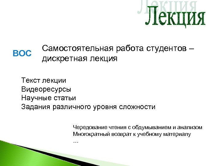ВОС Самостоятельная работа студентов – дискретная лекция Текст лекции Видеоресурсы Научные статьи Задания различного