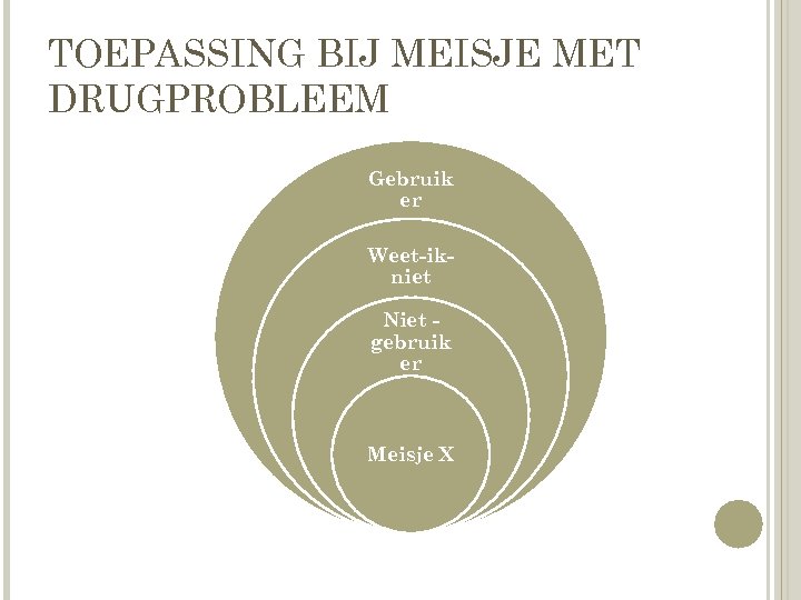TOEPASSING BIJ MEISJE MET DRUGPROBLEEM Gebruik er Weet-ikniet Niet gebruik er Meisje X 