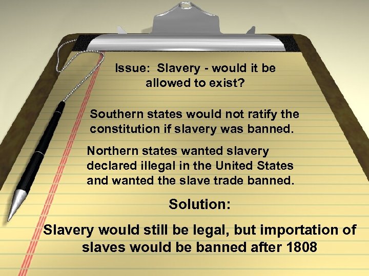 Issue: Slavery - would it be allowed to exist? Southern states would not ratify