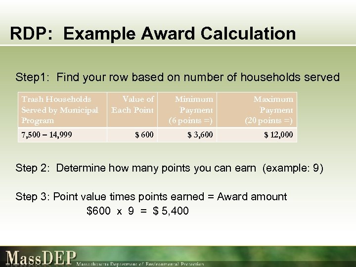 RDP: Example Award Calculation Step 1: Find your row based on number of households