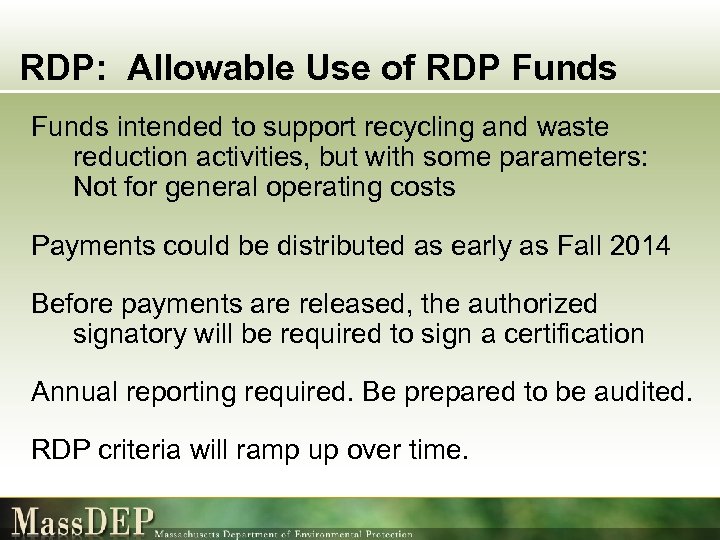RDP: Allowable Use of RDP Funds intended to support recycling and waste reduction activities,