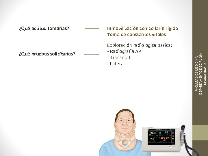 ¿Qué pruebas solicitarías? Inmovilización collarín rígido Toma de constantes vitales Exploración radiológica básica: -