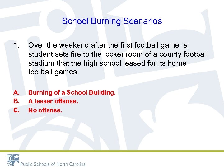 School Burning Scenarios 1. Over the weekend after the first football game, a student