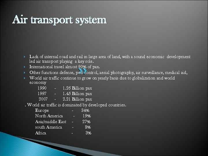 Air transport system Lack of internal road and rail in large area of land,