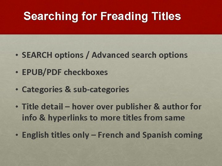 Searching for Freading Titles • SEARCH options / Advanced search options • EPUB/PDF checkboxes
