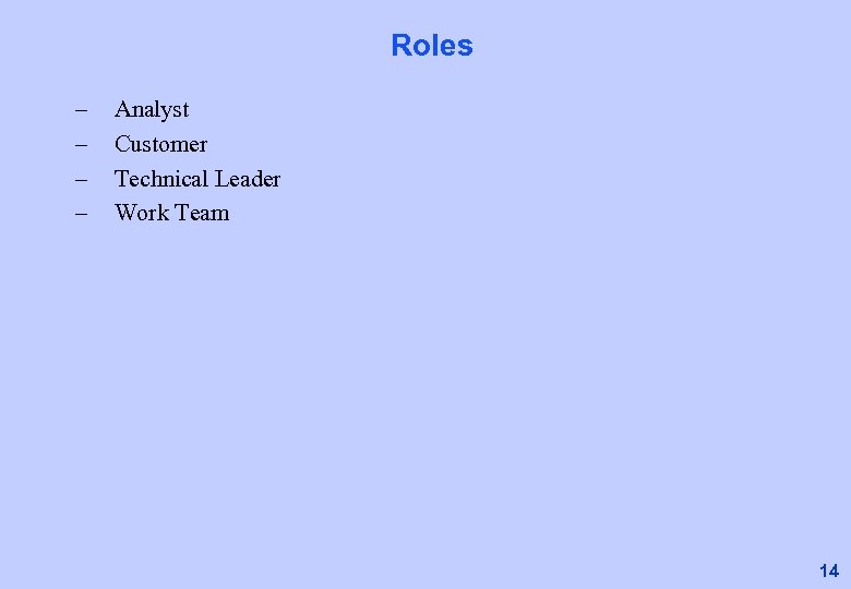 Roles – – Analyst Customer Technical Leader Work Team 14 