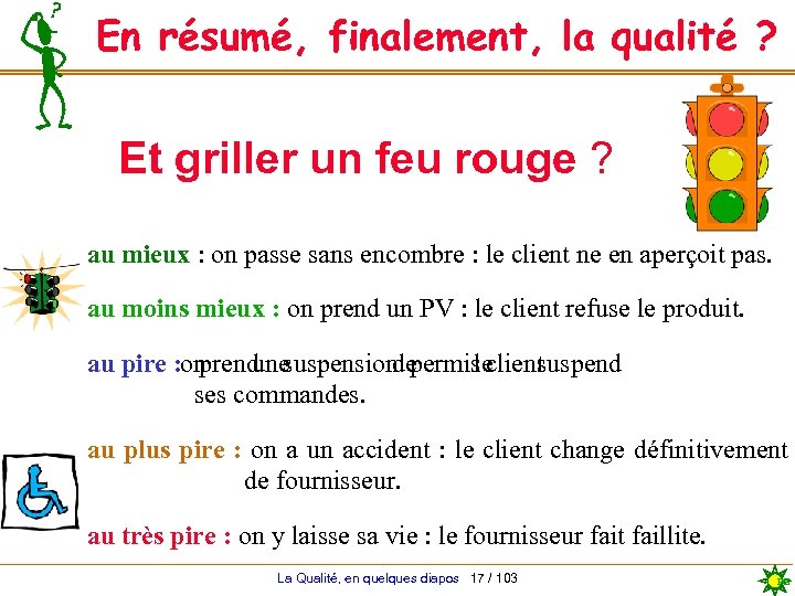 En résumé, finalement, la qualité ? Et griller un feu rouge ? au mieux