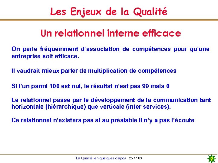 Les Enjeux de la Qualité Un relationnel interne efficace On parle fréquemment d’association de
