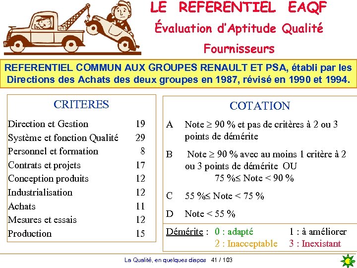 LE REFERENTIEL EAQF Évaluation d’Aptitude Qualité Fournisseurs REFERENTIEL COMMUN AUX GROUPES RENAULT ET PSA,
