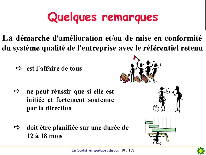 Quelques remarques La démarche d'amélioration et/ou de mise en conformité du système qualité de