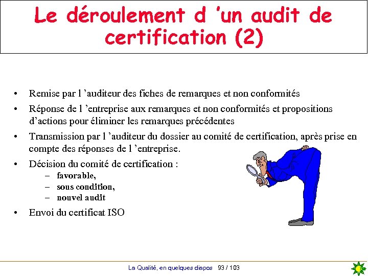 Le déroulement d ’un audit de certification (2) • • Remise par l ’auditeur