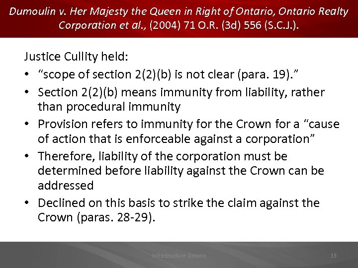 Dumoulin v. Her Majesty the Queen in Right of Ontario, Ontario Realty Corporation et