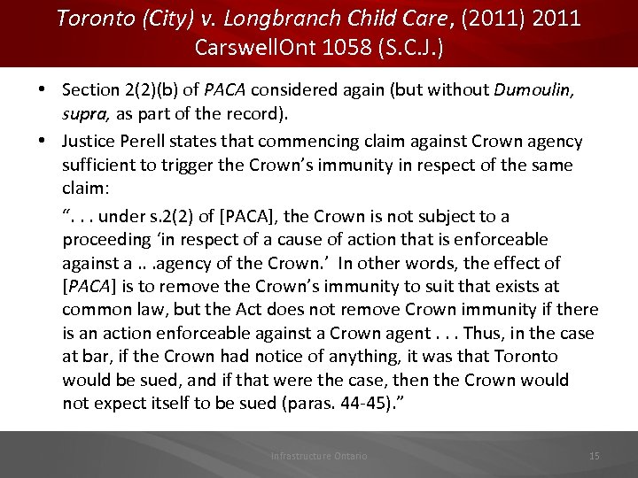 Toronto (City) v. Longbranch Child Care, (2011) 2011 Carswell. Ont 1058 (S. C. J.