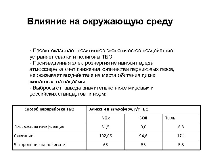 Влияние на окружающую среду - Проект оказывает позитивное экологическое воздействие: устраняет свалки и полигоны