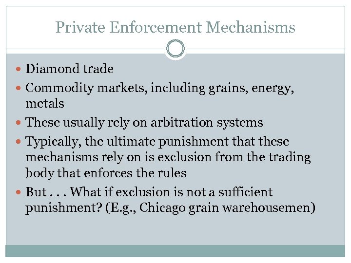 Private Enforcement Mechanisms Diamond trade Commodity markets, including grains, energy, metals These usually rely