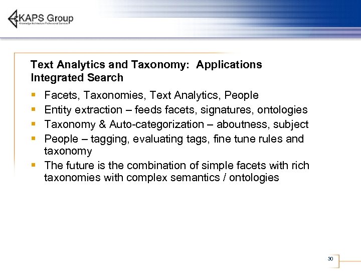 Text Analytics and Taxonomy: Applications Integrated Search § § Facets, Taxonomies, Text Analytics, People
