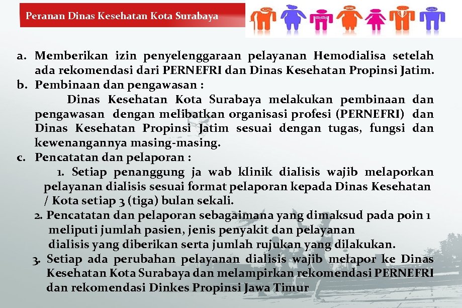 Peranan Dinas Kesehatan Kota Surabaya a. Memberikan izin penyelenggaraan pelayanan Hemodialisa setelah ada rekomendasi