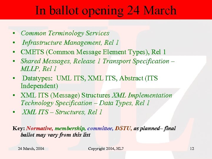 In ballot opening 24 March • • Common Terminology Services Infrastructure Management, Rel 1