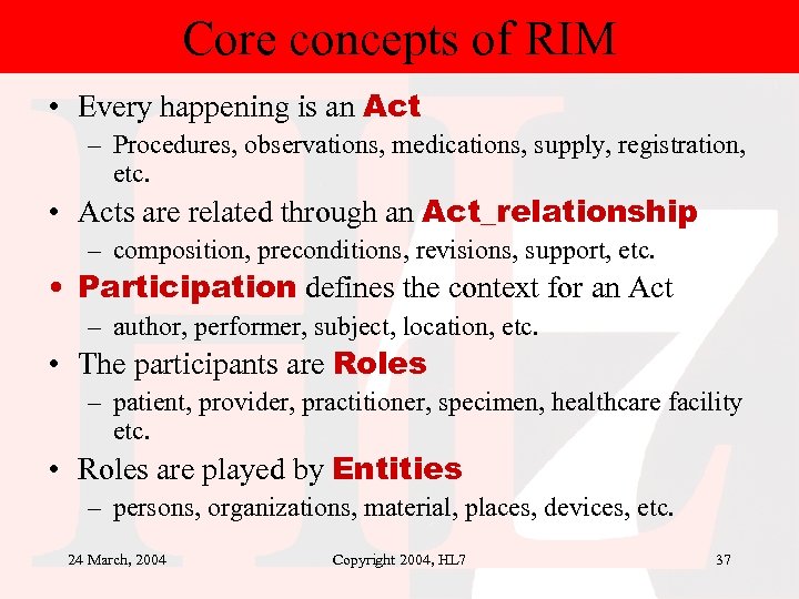 Core concepts of RIM • Every happening is an Act – Procedures, observations, medications,