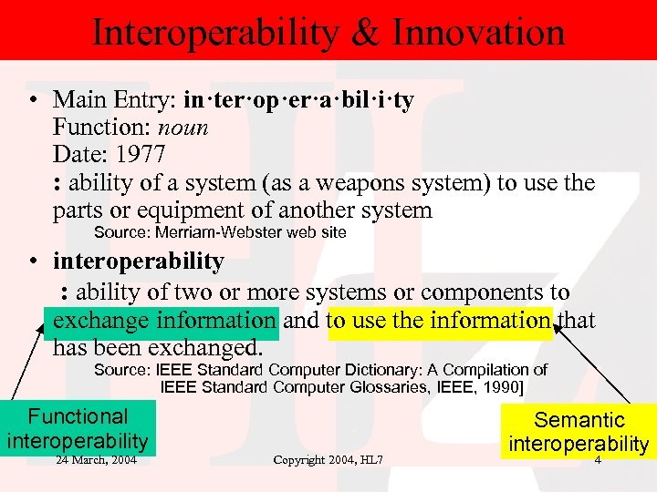 Interoperability & Innovation • Main Entry: in·ter·op·er·a·bil·i·ty Function: noun Date: 1977 : ability of