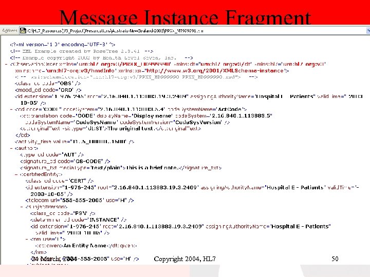 Message Instance Fragment 24 March, 2004 Copyright 2004, HL 7 50 