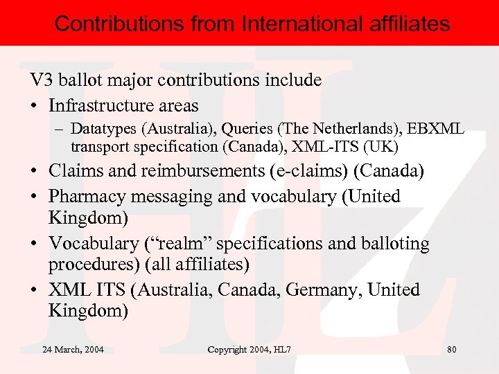 Contributions from International affiliates V 3 ballot major contributions include • Infrastructure areas –