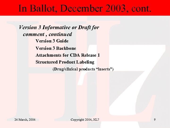 In Ballot, December 2003, cont. Version 3 Informative or Draft for comment , continued