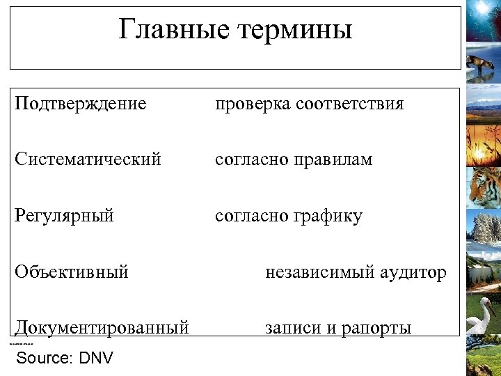 Главные термины Подтверждение проверка соответствия Систематический согласно правилам Регулярный согласно графику Объективный независимый аудитор