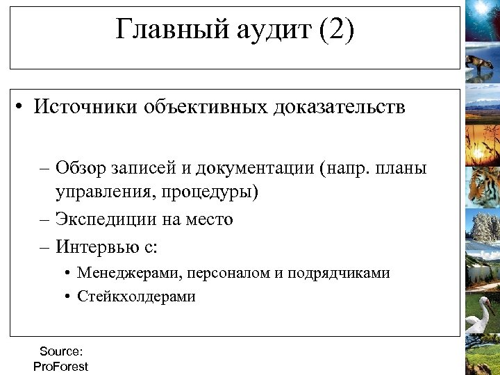 Главный аудит (2) • Источники объективных доказательств – Обзор записей и документации (напр. планы