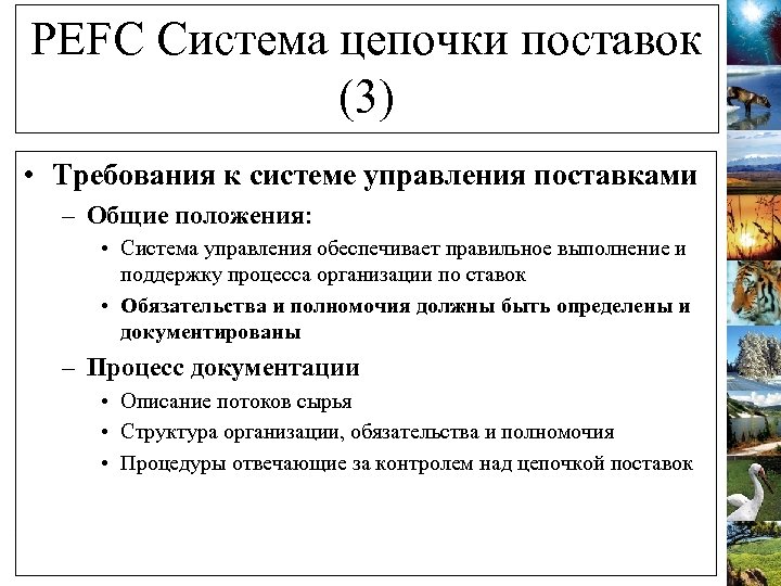 PEFC Система цепочки поставок (3) • Требования к системе управления поставками – Общие положения: