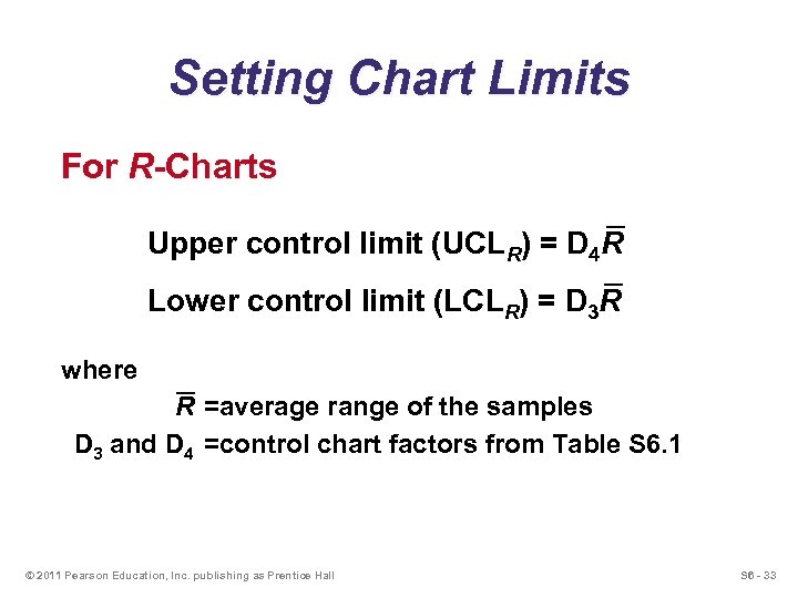 Setting Chart Limits For R-Charts Upper control limit (UCLR) = D 4 R Lower