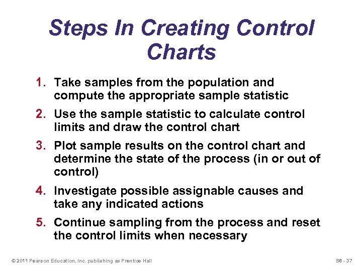 Steps In Creating Control Charts 1. Take samples from the population and compute the